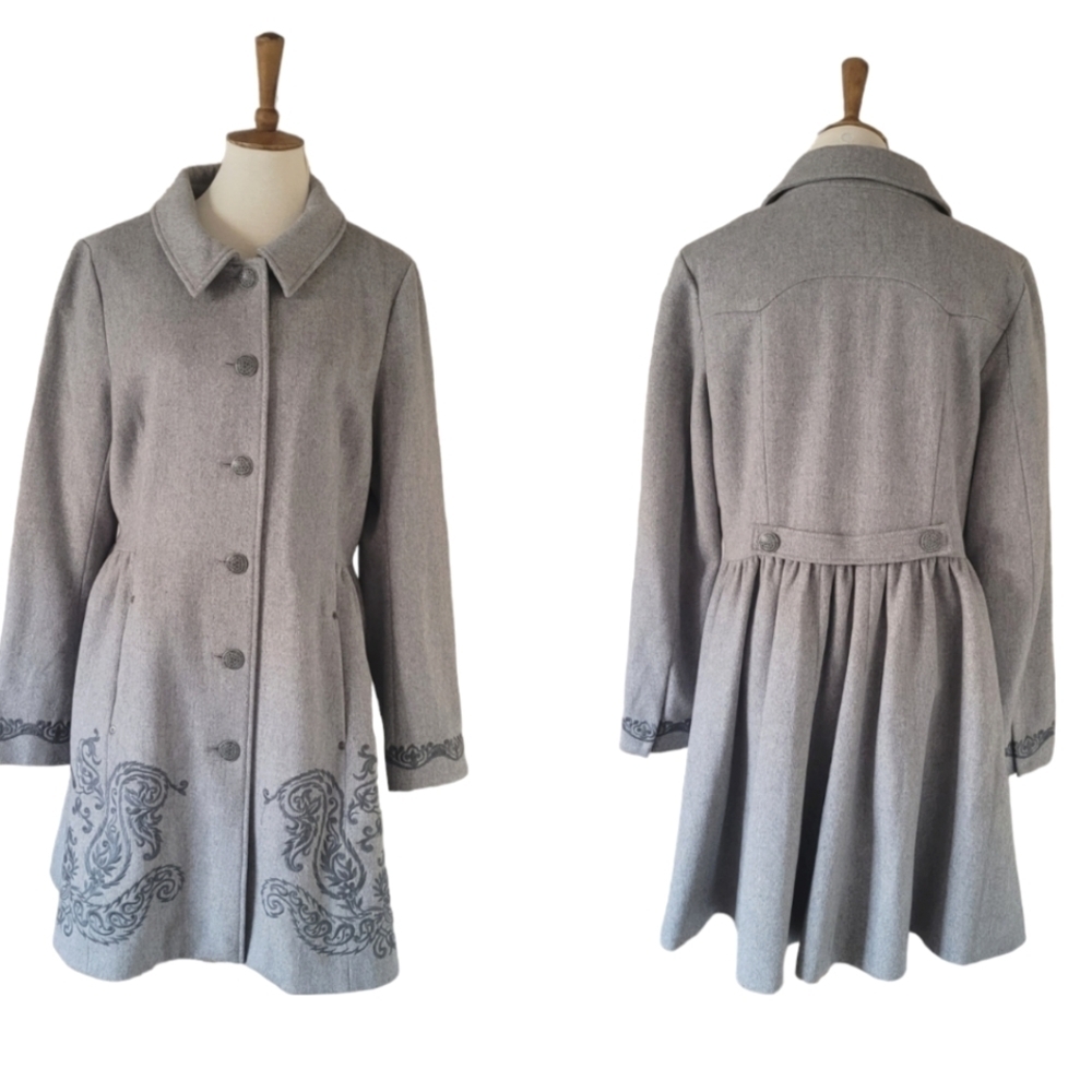 Odd Molly Gray Embroidered Wool Midi  Swing Coat. NWT‎